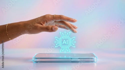 Woman hand interacting with glowing AI hologram over smartphone. Digital assistant and artificial intelligence technology concept. Futuristic mobile application for data innovation.