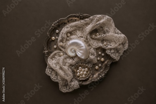 Luxury Pearl Shell Composition With Lace And Vintage Styling