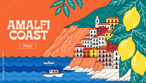 Amalfi coast italy travel poster landscape with colorful houses, sea, boats and lemons.