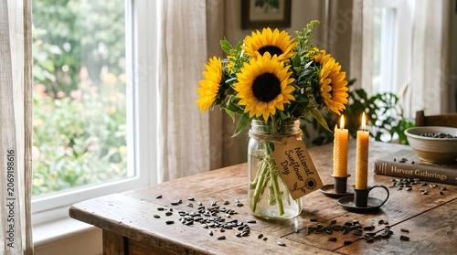 Fresh Yellow Sunflowers in Mason Jar with Lit Beeswax Candles and Seeds on Rustic Wooden Table, Celebrating National Sunflower Day in the United States, Cozy Farmhouse Home Decor Concept