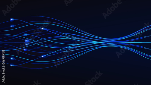 Schilderij op canvas Wavy blue lines with bright nodes against a dark background a digital illustrati