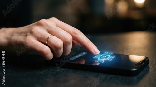 Woman touching digital brain icon and circuit pattern on smartphone screen. Artificial intelligence concept. Automation and digital assistant technology for mobile device interface control.