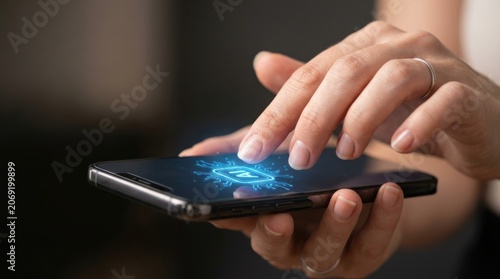 Woman using smartphone with interactive artificial intelligence interface. Digital assistant technology concept for automated data processing. Innovative future business communication tool.