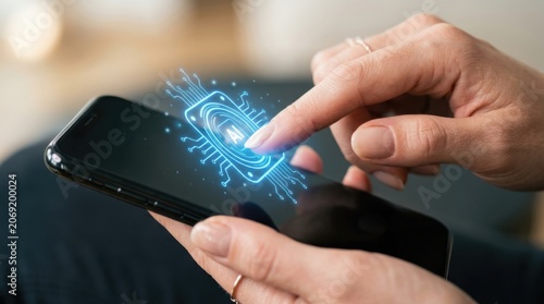 Woman touching smartphone screen with holographic artificial intelligence chip icon. Digital transformation and automated assistant concept. Modern wireless technology and mobile interaction.
