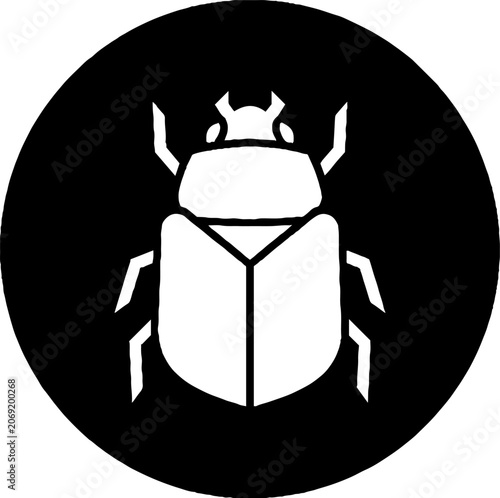 Minimalist white beetle icon on black background.