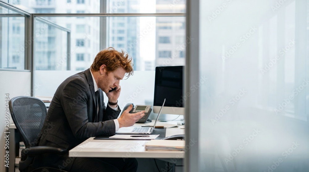 Fototapeta premium Frustrated red-haired businessman talking on mobile phone looking at laptop in modern cubicle office