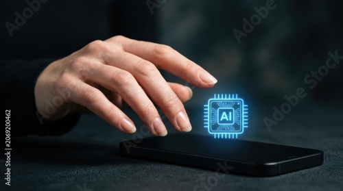 Woman hand touching smartphone screen with digital holographic artificial intelligence chip icon. Innovative technology for chatbot automation and data analysis. Future cyber solution.