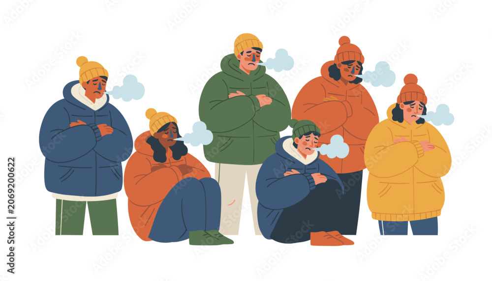 Fototapeta premium Group of diverse people shivering in heavy winter coats and blowing out visible cold breath during a freezing winter day.