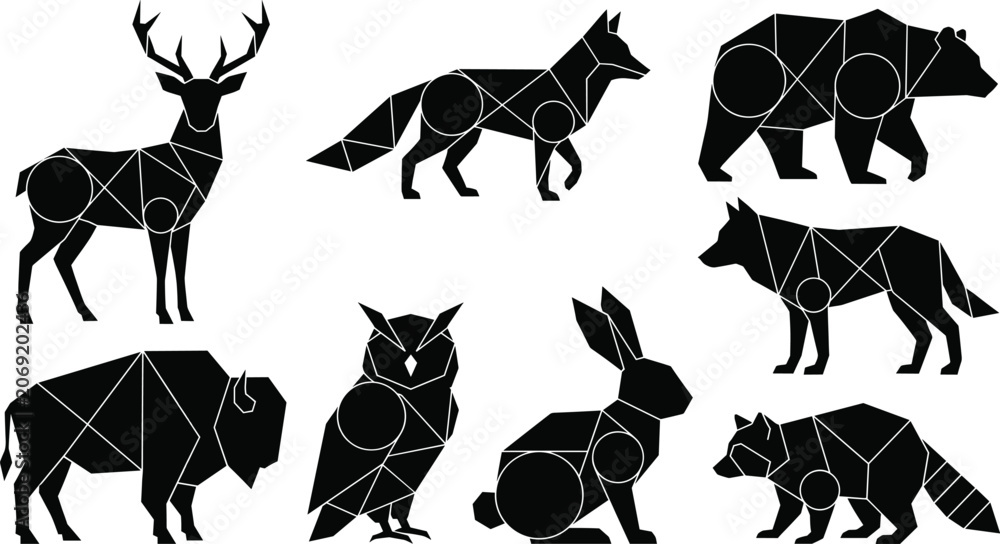 Εκτύπωση καμβά Geometric wildlife animal silhouette set featuring deer, fox, bear, wolf, owl, r