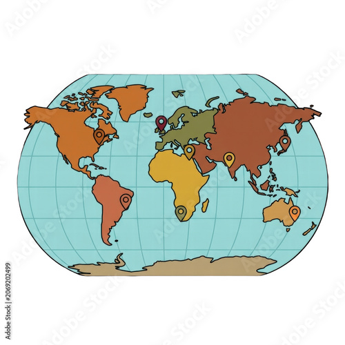 Global world map with colorful location pin markers
