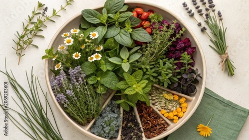 Fresh Herbs and Edible Flowers Arranged in Circular Plate Display