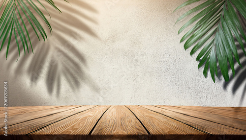 Product Placement Background With Wooden Table Top And Green Palm Leaves Shadows On Plaster Wall