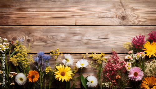 Wild Flowers On Rustic Timber Background