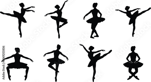 Foto Graceful ballerina silhouettes set performing classical ballet dance poses isola