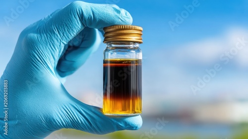 Hand Holding Small Glass Bottle with Layered Liquid Outdoors