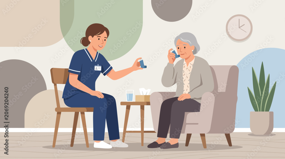 Obraz premium Nurse Helps Elderly Woman Use Inhaler for Asthma Relief