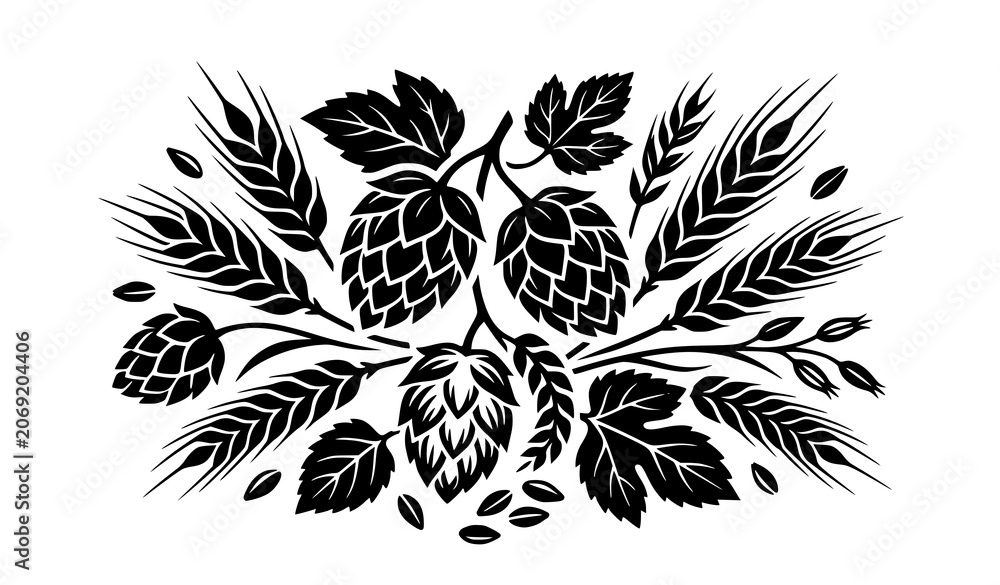Obraz premium Vintage Beer Brewing Ingredients Engraving Graphic with Hop Cones and Wheat Ears for Craft Brewery Logos Pub Menus and Alcohol Product Packaging Designs