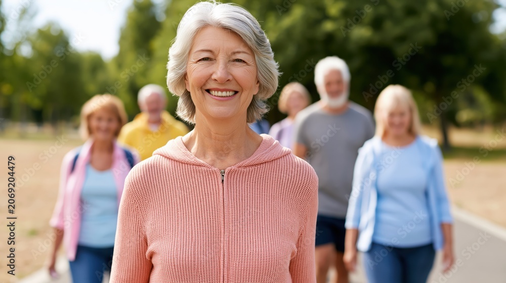 Obraz premium Smiling senior woman leads a diverse group on a sunny park walk