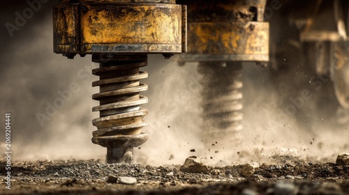 Industrial Equipment in Action on Construction Site with Dust Clouds