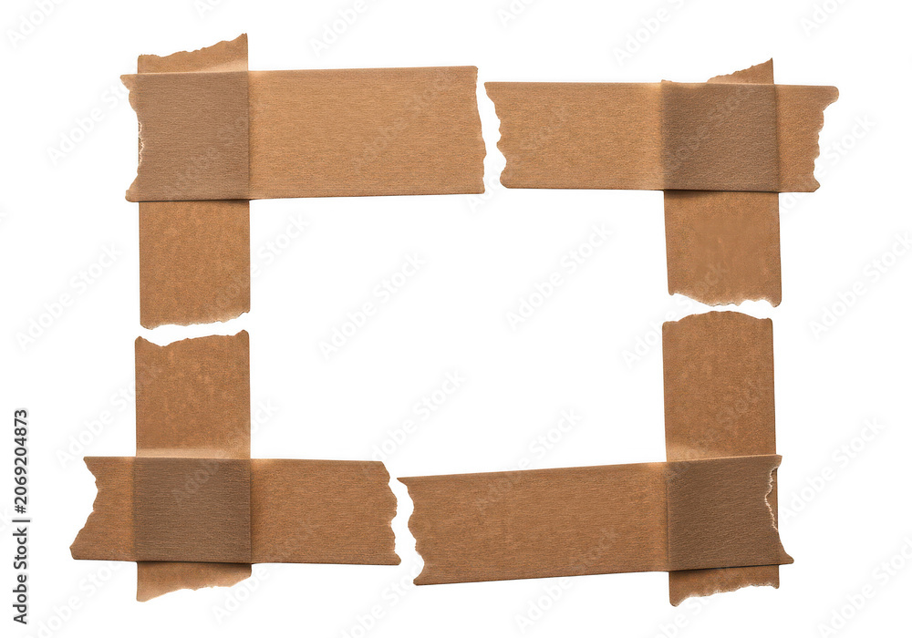 Fototapeta premium Rectangular frame made of torn brown adhesive tape pieces isolated on a transparent background cutout