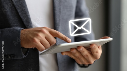 Man Using Tablet to Send Email with Digital Icon on Screen