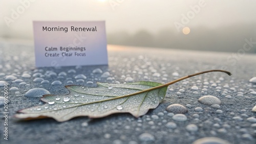 Morning Renewal with Dewy Leaf and Inspirational Card on Surface