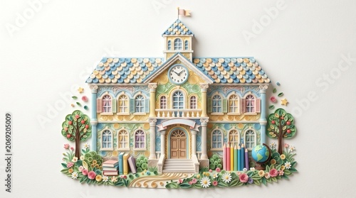 Cute Paper Quilling School Building , Handmade Educational Craft Illustration