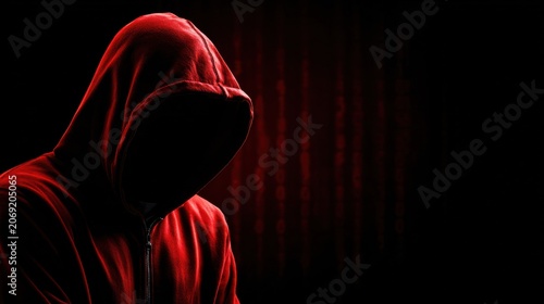 Mysterious Figure in Red Hoodie Surrounded by Dark Background