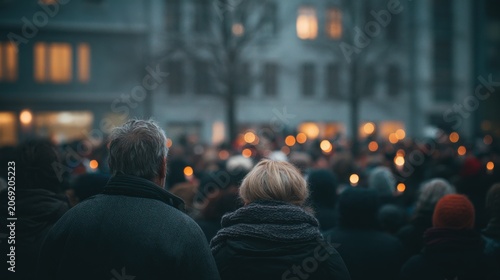 People Gather at Candlelight Vigil in Urban Setting Night Scene