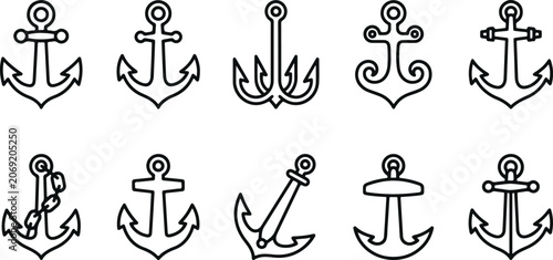 Obraz na płótnie Black line art anchor icons