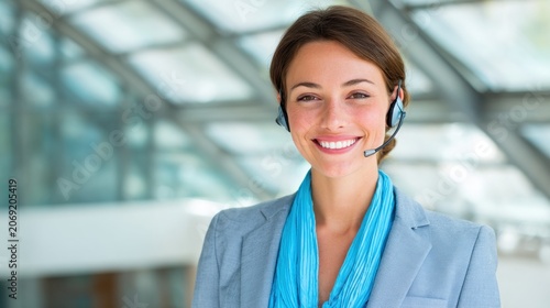Professional Woman with Headset Smiling in Modern Office Environment