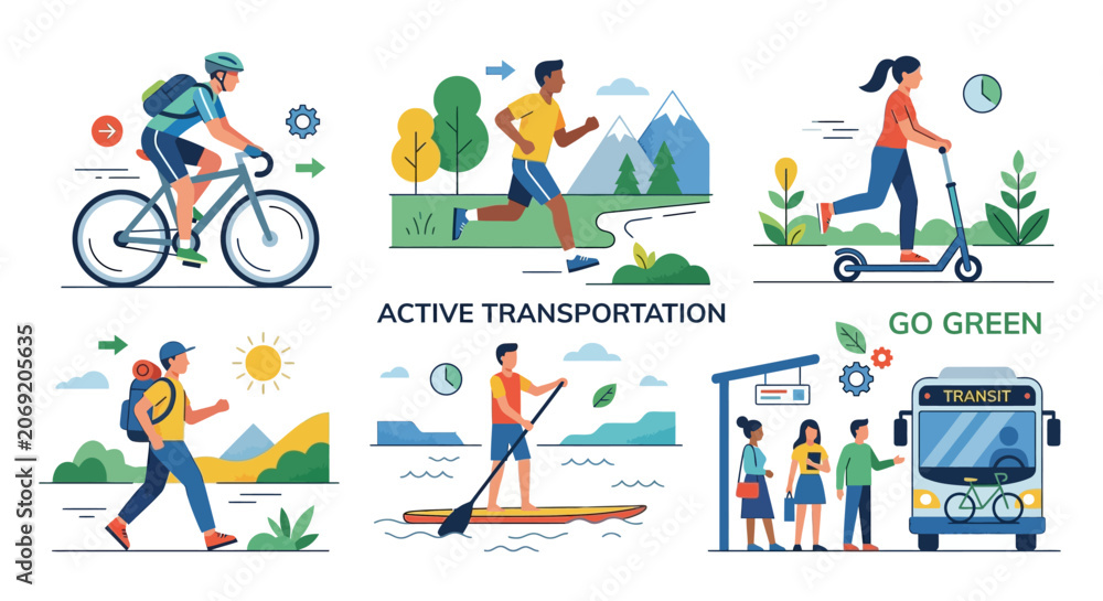 Naklejka premium Eco-friendly commuting and recreation: biking, running, scootering, hiking, paddling, public transit.