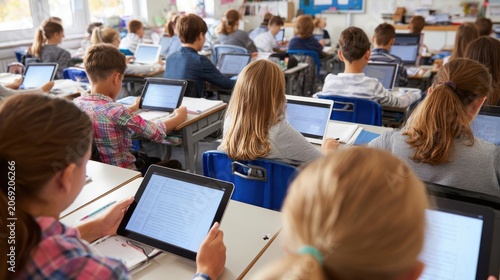 Students Engaged in Digital Learning with Tablets in Classroom Setting
