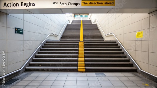 Urban Staircase with Directional Signs and Yellow Markings