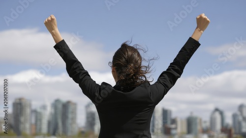 Woman Celebrating Success Against City Skyline Background