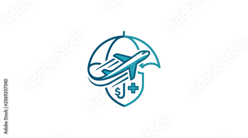 Travel insurance symbol with airplane umbrella and shield icon