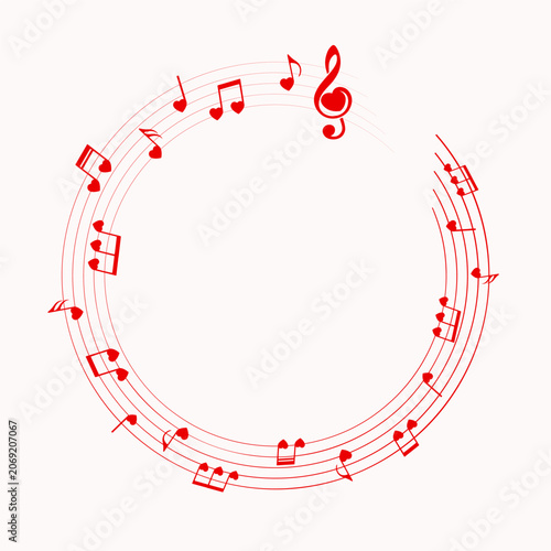 Red heart shape music notes, round musical border, vector illustration.