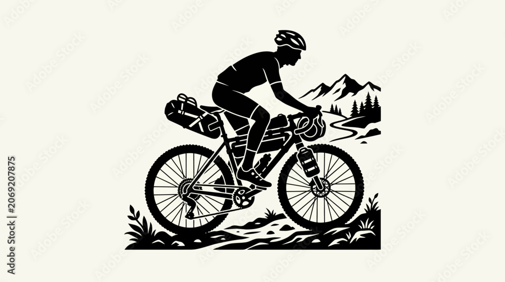 Naklejka premium A cyclist rides a bicycle through a scenic mountain trail on a sunny day with a backpack.