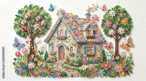 Fantasy Cute Paper Quilling Cottage Garden Home, Intricate Handmade Decorative Art Scene