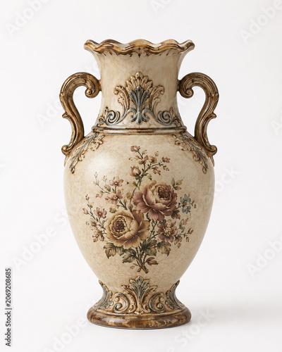 Antique Ornate Ceramic Flower Vase Isolated on Clean White Background