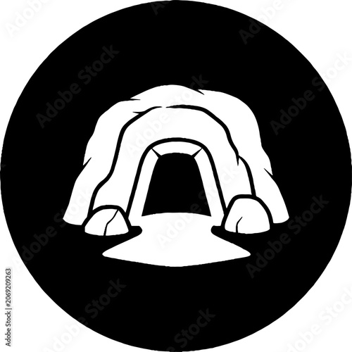 Black and white cave entrance illustration.