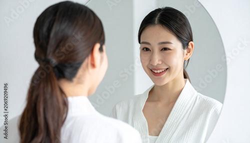 Woman Looking at Her Reflection in Mirror.
