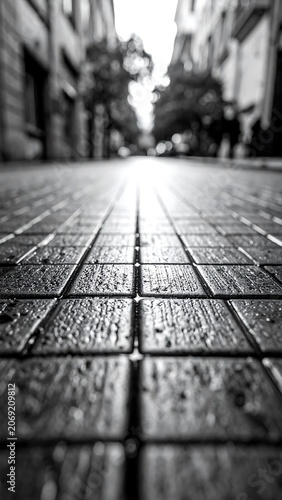 Wet pavement texture ground level perspective with blurred urban street background