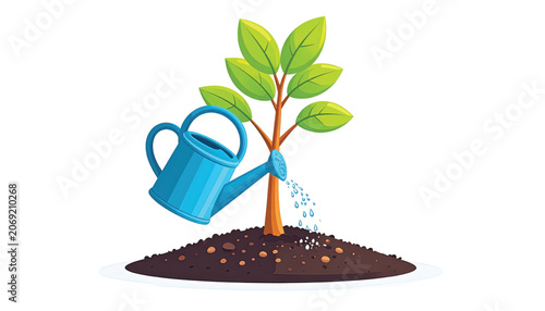 Watering Can Pouring on Small Tree.