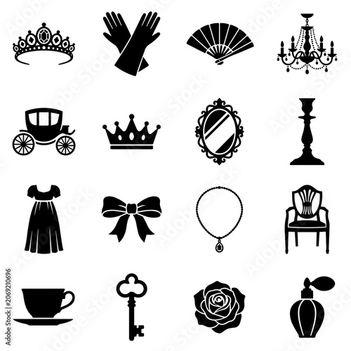 Foto Sixteen black vintage silhouette featuring tiaras, gloves, fans, chandeliers, ca