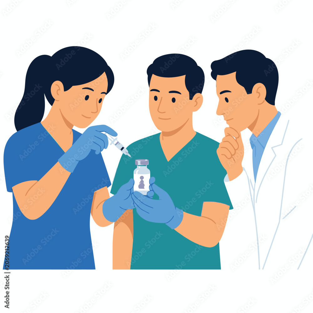 Fototapeta premium Medical professionals preparing a vaccine dose for patient administration.