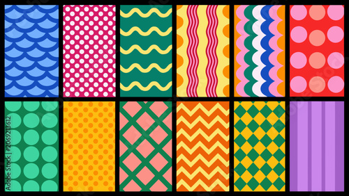 Fotografi A vibrant assortment of sixteen geometric patterns featuring repeating shapes an