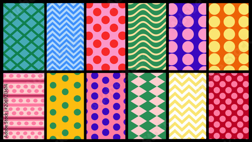 Tableau sur toile A vibrant assortment of sixteen geometric and polka dot patterns in varied color