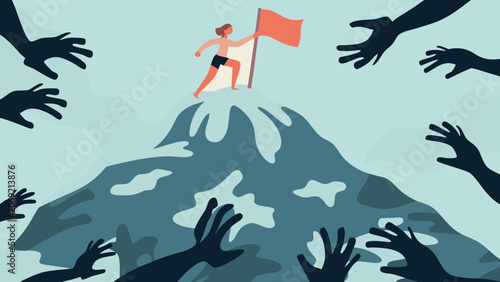 Bild auf Leinwand Silhouette of a person with a flag atop a mountain surrounded by reaching hands