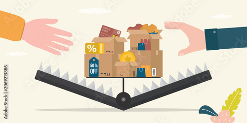 Foto Hands reach toward shopping boxes and discount coupons placed on sharp bear trap
